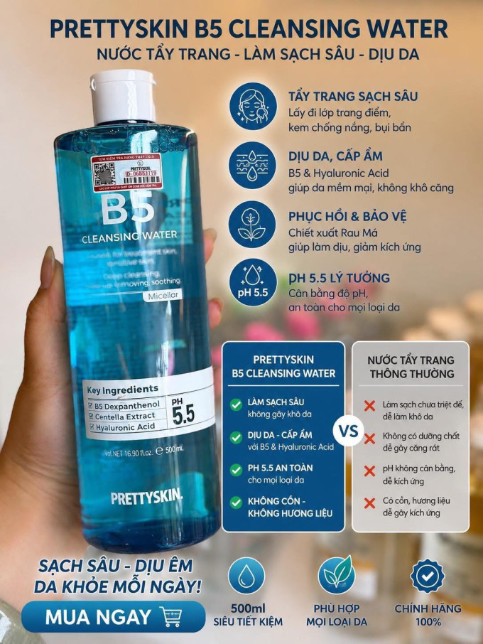 Tẩy trang B5 Pretty Skin -Làm Sạch Dịu Nhẹ, Hỗ Trợ Phục Hồi Da
