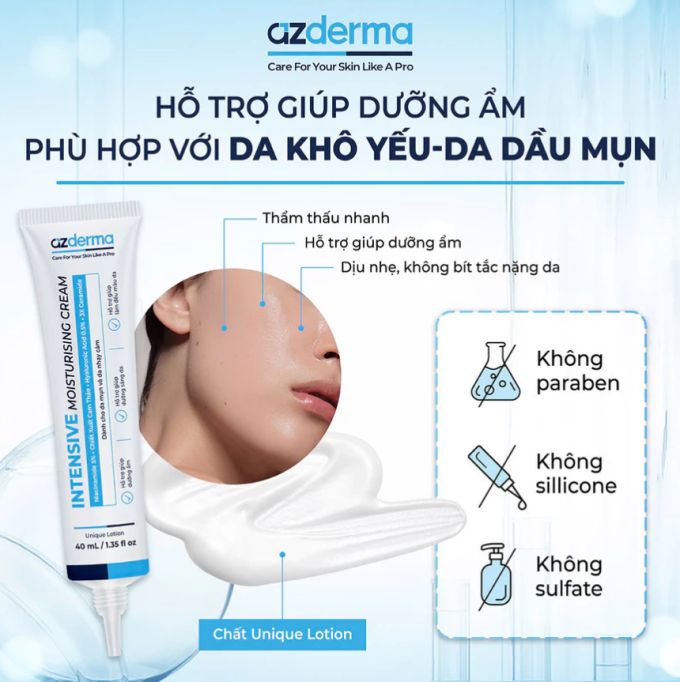 Kem dưỡng Azderma giúp bổ sung độ ẩm cho da, hỗ trợ phục hồi và duy trì hàng rào bảo vệ tự nhiên