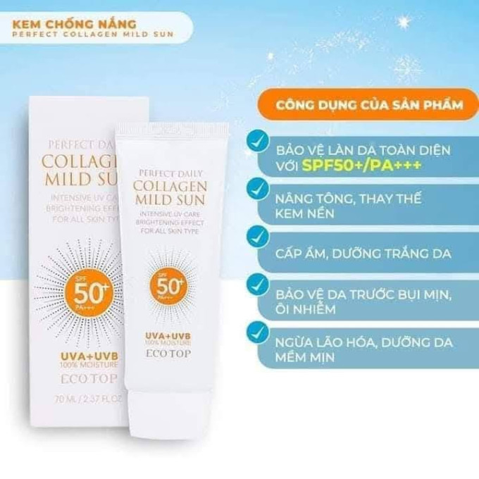 Ecotop Perfect Daily Collagen Mild Sun SPF50+ PA+++ hỗ trợ bảo vệ làn da trước tác động của tia UV