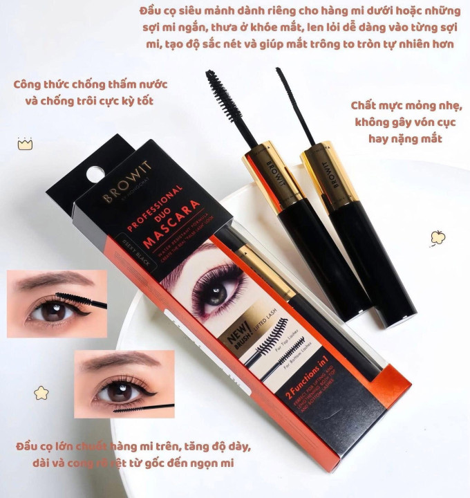 Đầu cọ lớn dành cho mi trên, đầu cọ nhỏ giúp chuốt mi dưới chính xác hơn.