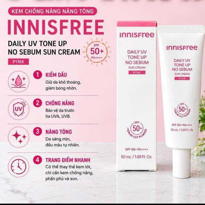 Kem Chống Nắng Innisfree Tone-Up No Sebum SPF50+ PA++++ – Nâng Tông Hồng, Kiềm Dầu