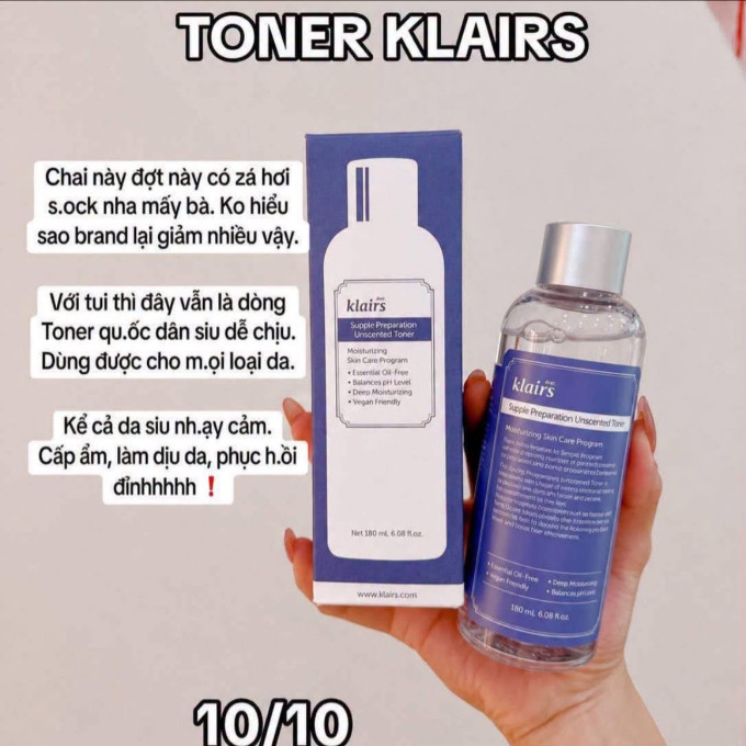 Nước Hoa Hồng Klairs Không Mùi Supple Preparation Unscented Toner 180ml